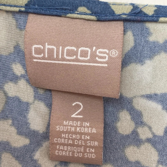 Chico’s Size 2 Green Blue Leopard Print Animal Print Tie Blouse Chicos Large - Picture 7 of 12